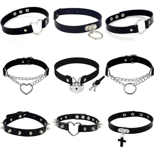 2021 Punk PU Leather Lock Key Heart Round Spike Rivet Collar Studded Choker Necklace Body Birthday Party Gift chocker Jewelry