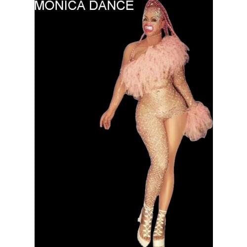 Women Sexy Stage Rhinestones Spandex Jumpsuit One Shoulder Leggings Wedding Birthday Celebrate Bodysuit Outfit Dancer Costume