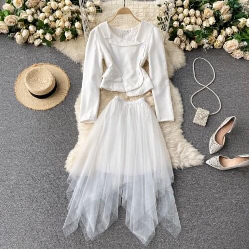 British style suit solid color suit collar long-sleeved short top coat irregular mesh gauze can be sweet and salt two-piece suit