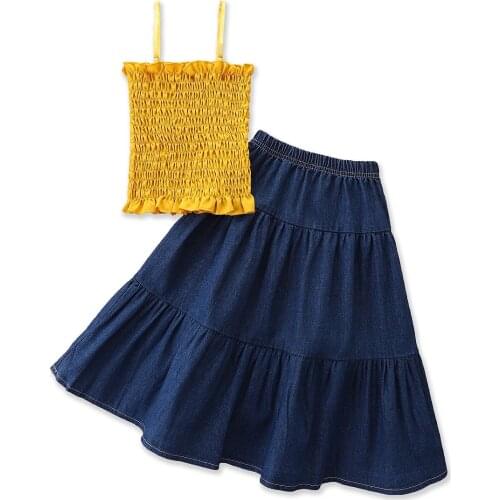 Fashion Children Clothing Set Summer Kid Baby Girl Clothes Outfit Solid bandage Sleeveless Vest Top Denim Skirt 2pcs Set