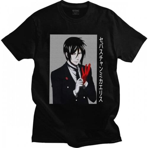 Kuroshitsuji T Shirt for Men 100% Cotton Graphic T-shirt Short Sleeve Black Butler Sebastian Michaelis Tee Tops Slim Fit Apparel