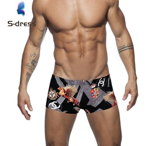 Mens boxer swimming trunks front crotch lined anti-embarrassment tethered swimming trunks retro printed swimming trunks low wai