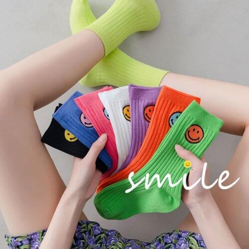 10 Pairs New Ins Women Smiling Face Socks Cotton Korea Fashion Smile Face Embroidery Cute Candy Color Skateboard Socks Female