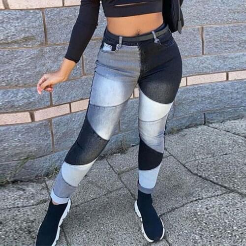 Color Block Boyfriend Skinny Jeans For Women y2k Streetwear Black Blue Contrast Stitch High Waisted Pencil Pants Denim Trousers