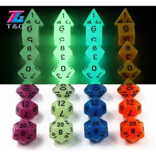 Wholesales 7pc/lot Glow in the dark RPG Digital Dice Set D4,d6,d8,d10,d10%,d12,d20 for Board Game Orange,purple,blue,light green