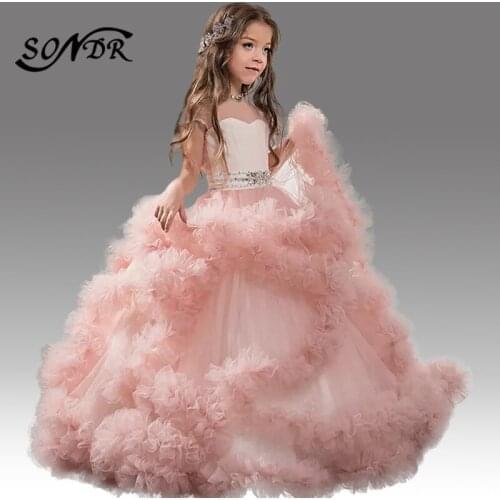 Ruched Flower Girl Dresses HT199 Sparkling Beading Little Girls Pageant Dress O-Neck Short Sleeve Kids Party Gowns For Wedding