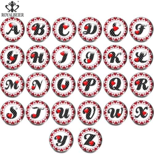 ROYALBEIER New 12pcs English Alphabet Pattern Glass Snap Button Jewelry 18mm Bracelets Handmade Bracelet Making Gifts KZa004