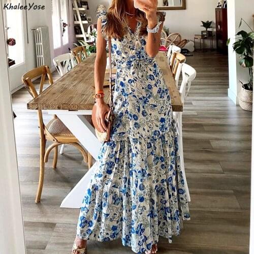 KHALEE YOSE Vintage Floral Blue Maxi Dress Summer Holiday Women Dresses Sashe Ethnic Chic Ladies V-neck Long Dresses Female