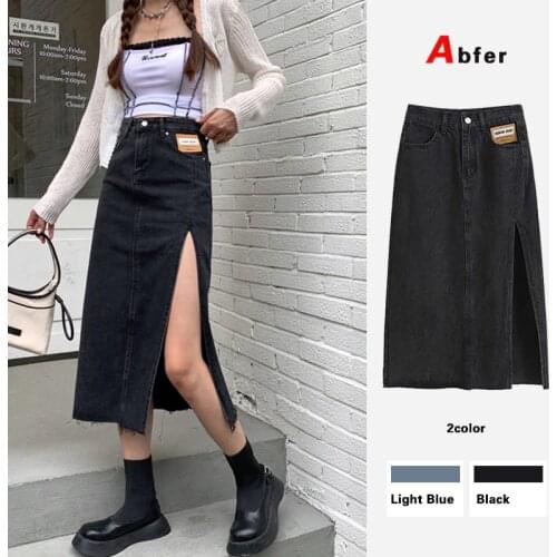 Abfer Plus Size Summer Womens Long Denim Skirt Vintage High Wasit Jeans Skirt Female Straight Side Split A-line Pencil Skirts
