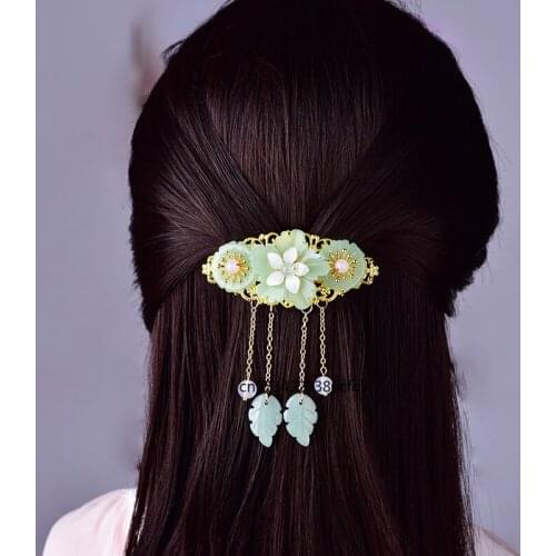 National Style Popular Jade Stone Barrettes Flowers Beads Hairpin Jadeite Jewelry Amulet Fashion Accessories Chinese Gifts Women