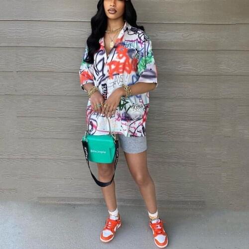 Women Shirt Top V-Neck Short Half Sleeve Printed Button Design Fashion Loose Summer Shirt 2021 New