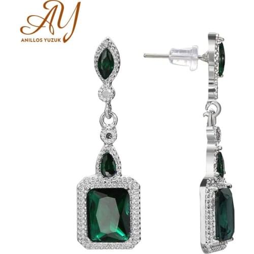 Anillos Yuzuk Romantic New 925 Sterling Silver Square Shape Blue Green Red CZ Drop Earrings For Women Fashion Silver Jewelry