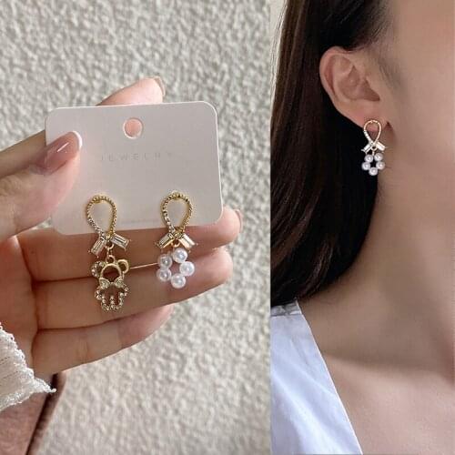 Asymmetric hollow cute pearl bear earrings 2021 new simple female