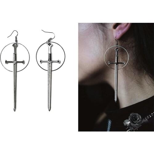 Punk Sword Dagger Dangle Earrings For Women Metal Vintage Creative Cool Belly Black Witch Circle Drop Earrings Jewelry New Gifts