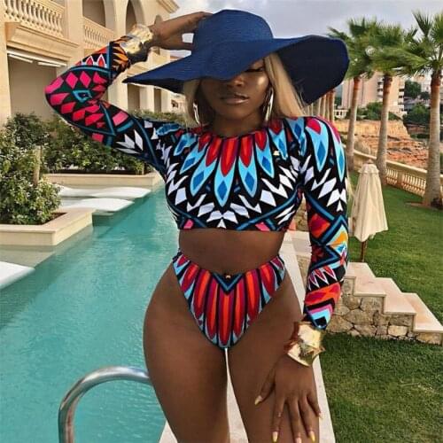 FUFUCAILLM Womens Bikini Set Print Long Sleeve Round Neck Cropped Tops + Panty 2pcs Swimsuit Swimming Beach Vacation Swimwears