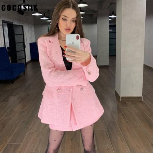 New 2021 Autumn Za Women Pink Tweed Two Pieces Sets Chic Button Office Ladies Tweed Blazer Coat & Shorts Skirts Suits Female