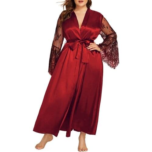 Plus Size 5XL Chinese Women Satin Lace Patchwork Long Robe Kimono Bath Gown Bride Bridesmaid Wedding Bathrobe Sleepwear D30