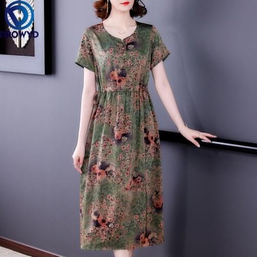 2021 Vintage Red Floral Mulberry Silk Satin Dress Summer Green O-neck Print Midi Dresses Elegant Women Bodycon Party Vestidos
