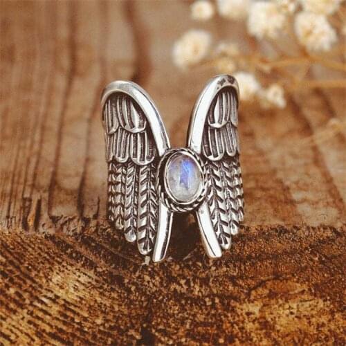 Angel Wings Ring with Moonstone for Women Birthstone Bohemian Jewelry Silvertone Size 6-7-8-9-10 Biker Stackable Ring WING K-39C