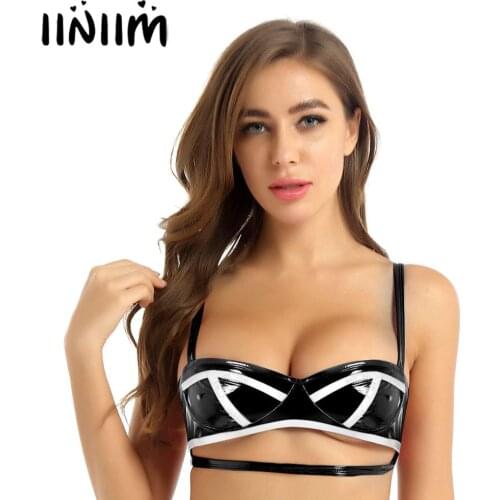 Iiniim Womens Femme WetLook Latex Clubwear Costumes Sexy Pole Club Crop Top Leather Lingerie Cut Out Underbust Wire-free Bra Top