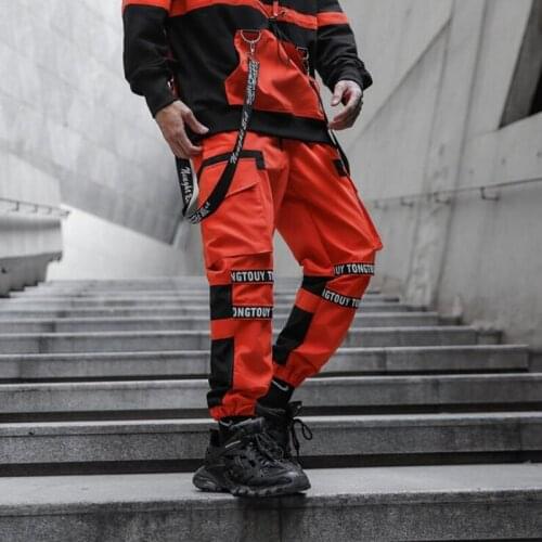 Spring summer men big pockets casual cargo pants orange white black patchwork trousers man vintage streetwear joggers