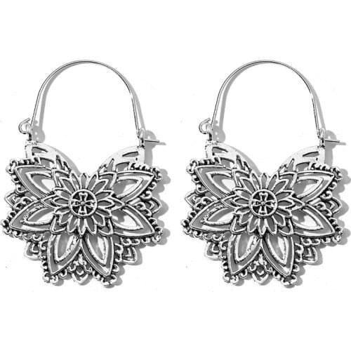 Docona Ethnic Mandala Flower Dangle Earrings for Women Gold Silver Color Carving Hollow Earrings Female Party Jewelry Brincos