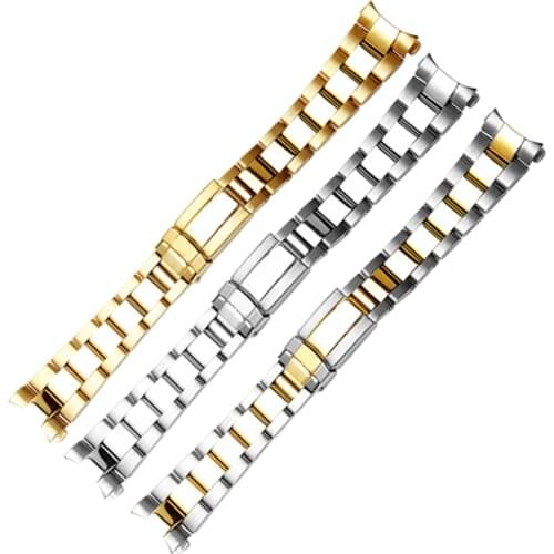 17 20mm 316L Stainless Steel Two Tone Gold Silver Watch Band Strap Old Style Oyster Bracelet Hollow Curved End Watch band