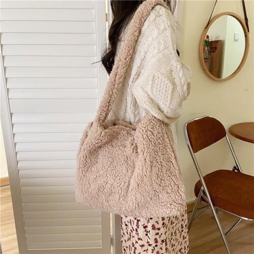 Hylhexyr Solid Color Messenger Bags Winter Plush Womans Shopping Totes Soft Fur Handbag Purse Shoulder Bag With Loop Buckle