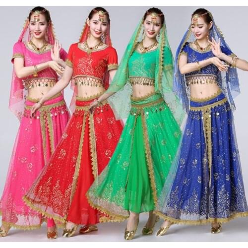 Indian Dance Costume Suit (Top + skirt + waist belt + veil + head chain)5pcs/suit Sexy Performance Costume