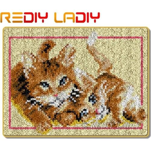 Latch Hook Rug Kits Make Your Own Rug Two Cats Crocheting Cushion Mat DIY Carpet Rug Acrylic Yarn Printed Canvas Hobby & Crafts