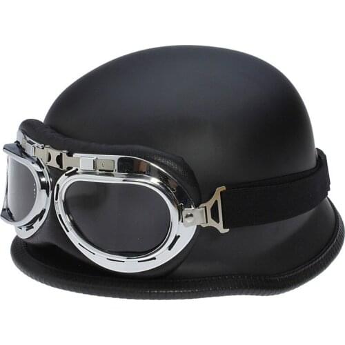 WWII German Vintage Matte Black Motorcycle Helmet Retro Motocross Racing Chopper Cruiser DOT Half Helmets With goggles