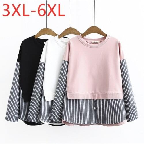 New ladies autumn winter plus size tops for women large pullover long sleeve cotton loose stripe pink T-shirt 3XL 4XL 5XL 6XL