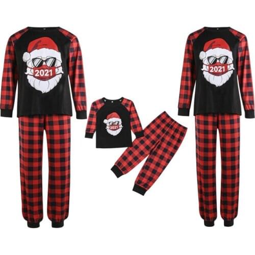 Christmas Parent-child Outfit Set Santa Claus Printing Red Plaid Long Sleeve Round Collar Sleepwear for Mother/Father/Children