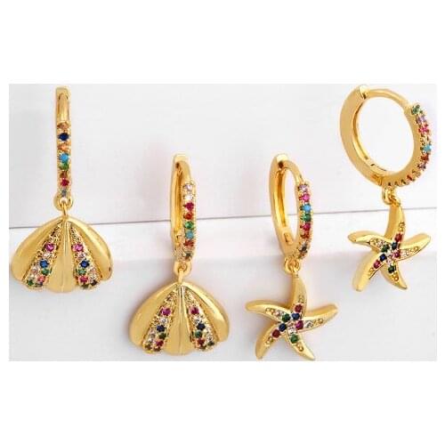 Starfish multicolor Brass micro pave cz zircon cubic zirconia drop Hoop Earrings studs copper gold plated crystal rtg2