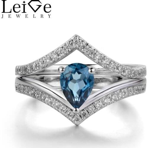 Leige Jewelry London Blue Topaz Ring for Women Wedding Engagement Rings Set Sterling Silver 925 Fine Jewelry Pear Cut Blue Gem