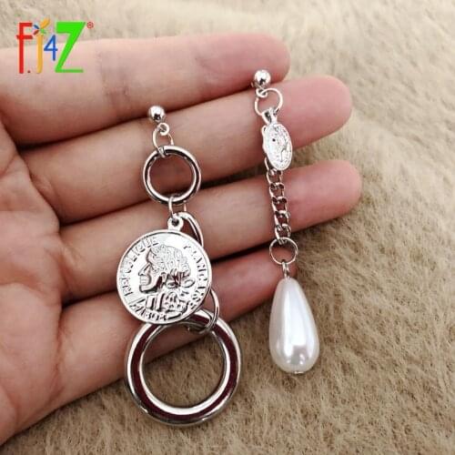 F.J4Z New Vintage Coin Earrings Personality Circle Chain Simulated Pearl Dangle Earrings Womens Party Jewelry Dropship
