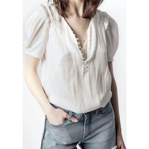 Short Sleeve Blouse Womens V-neck Single Breasted White Viscose Shirt 2021 Summer
