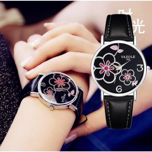 YAZOLE Brand Fashion Leather Strap Flower Style Ladies Watch Quartz Watch Montre Femme Relogio Feminino Women Watches