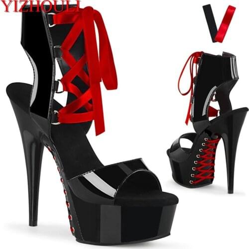 Fashion ladies sandals with 15cm heels, party shoes with painted ribbon, stage performance, dancing shoes