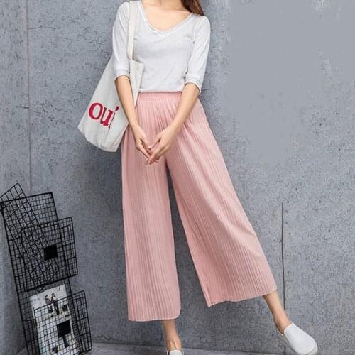 2021 Summer Spring New Fashion Tide Black Casual Loose Elastic Waist High Pleated Wide Leg Women Chiffon Loose Pants