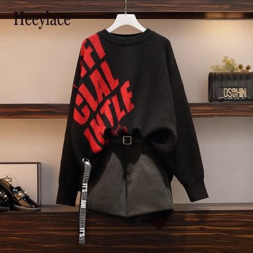 Plus Size Women korean Suit Autumn Winter Round Neck batwing sleeve Knit Sweater and Shorts sets Women streetwear Two Piece Set