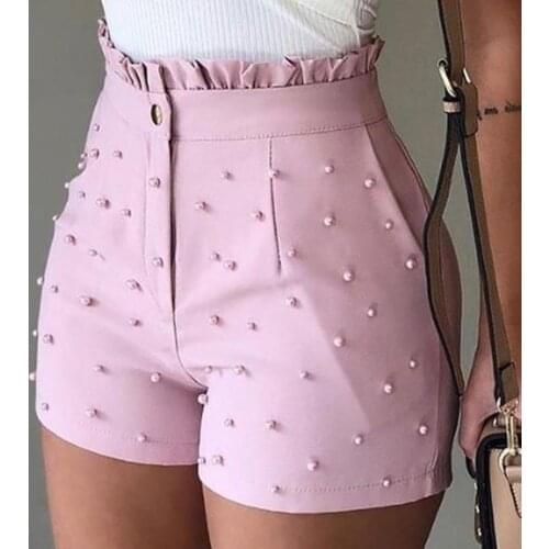 2021 New Fashion Solid Color High Waist Button Ruffled Beaded Summer Women Shorts Lady Casual Party club Shorts Womens Clothing