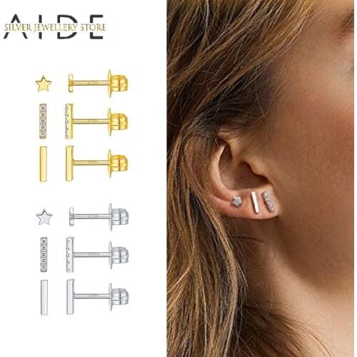 AIDE 3 Pcs/Set Cute Stud Earrings For Women Trendy Geometric /Zircon/Star Piercing 925 Sterling Silver Earings Jewelry brincos