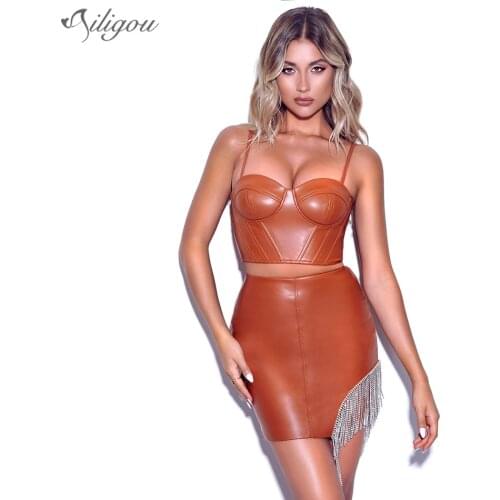 Ailigou Womens Sleeveless PU Leather Sexy Fringed Mini Dress Halter Spaghetti Strap Sexy Catsuit Dress Party Nightclub Costume
