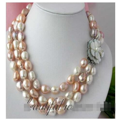 Big 3row 10 - 11 mm white baroque freshwater pearl necklace purple rose