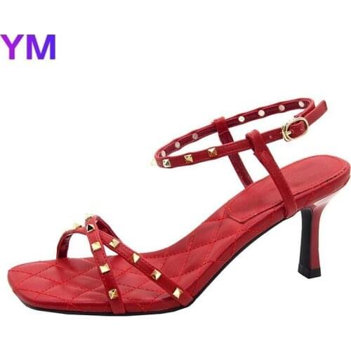 Fairy 2020 HOT Summer New 7CM High Heels Sandals Womens Shoes With Open Toe PU Sexy Rivet Buckle Strap Women Rome Sandals 34-40