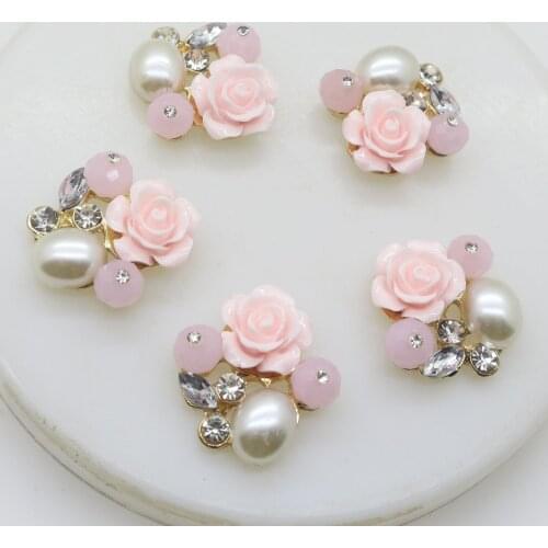 LKERAN 22mm Flower Shape Pink Pearl Buttons 2019 New 5pc Brooch Flatback Button Metal DIY Decoration Used On Garment / headband