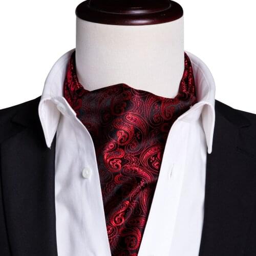 Wholesale Red Ascot Tie for Men Silk Woven Cravat Paisley Necktie Set Handkerchied Cufflinks Fashion Male Gift for Wedding Party