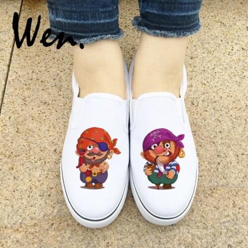 Wen Men Women White Black Sneakers Cartoon Image Turbaned Pirate Original Design Canvas Rubber Shoes Slip On Lazy Plimsolls