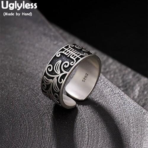 Uglyless 100% Real 925 Sterling Silver Handmade Leaves Open Rings for Women Vintage Thai Silver Wide Finger Ring Longevity Jewel